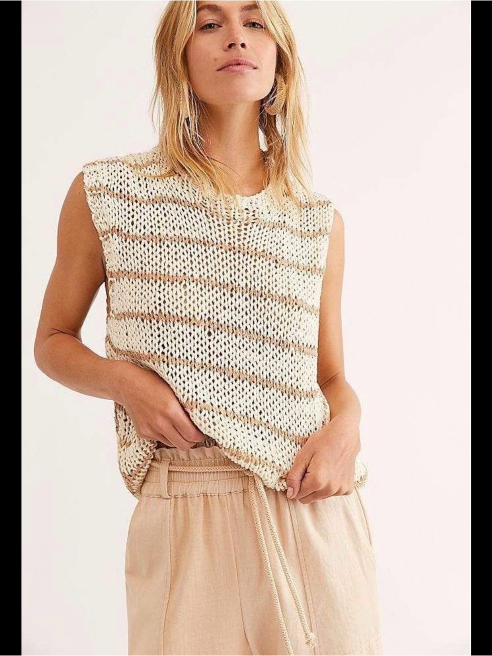 Free People Cream and Brown Striped Knit Tank (A17)